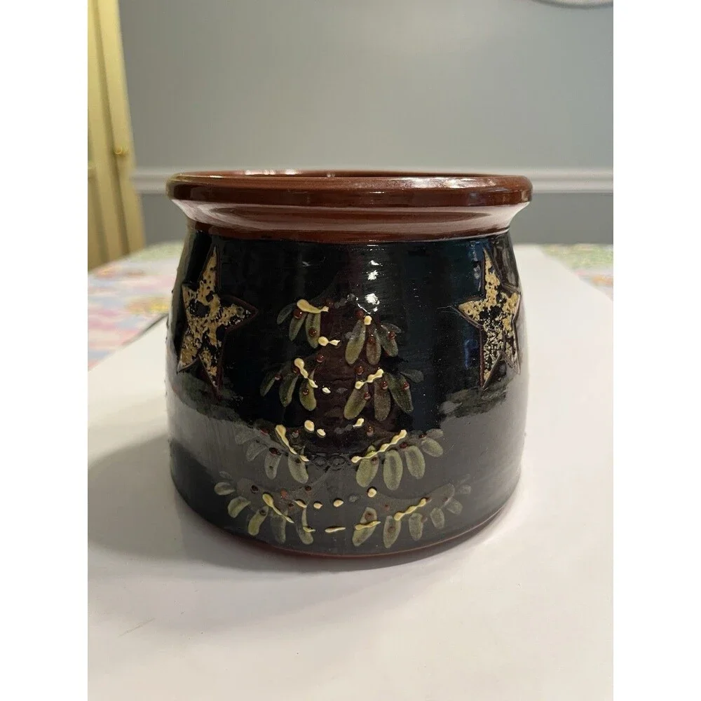 Eldreth Pottery Redware Crock Hand Painted Christmas Tree Stars Signed Folk Art